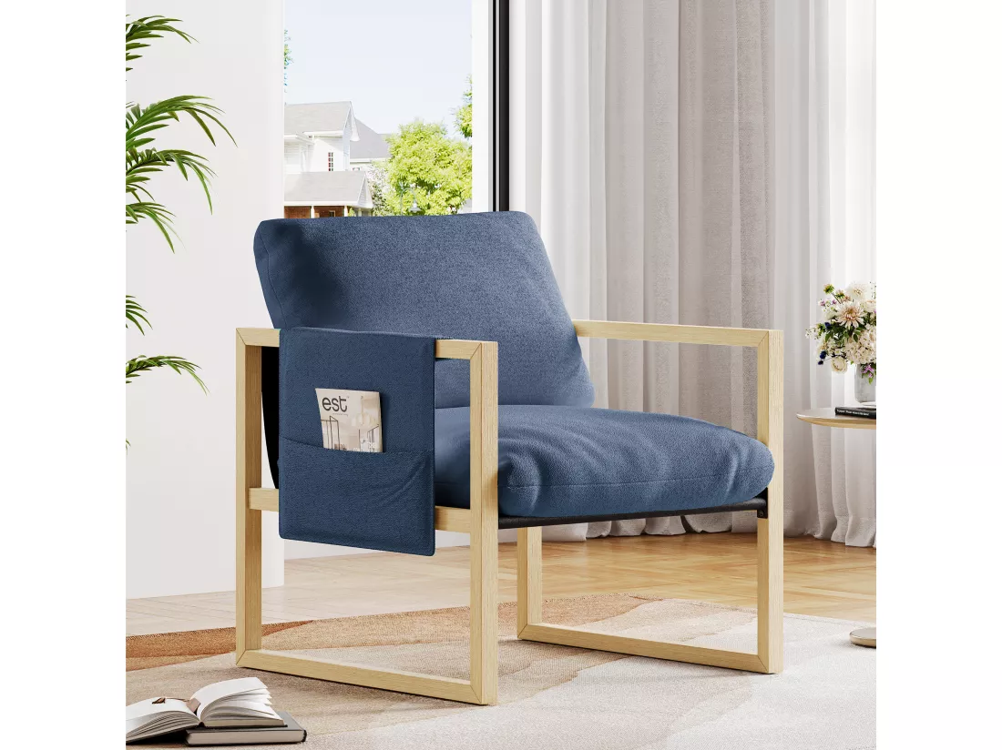 Fauteuil rembourré avec pied bois massif, avec Assise Épais, pour Salon et Chambre, tissu sherpa - 79x68x83CM - Bleu