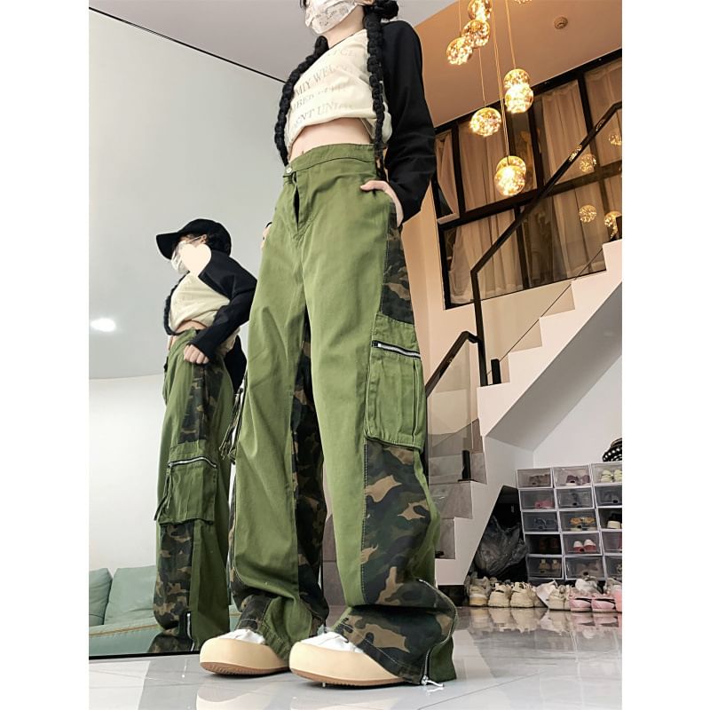 Vhancy - Hoge taille camouflage patchwork cargo broek met wijde pijpen