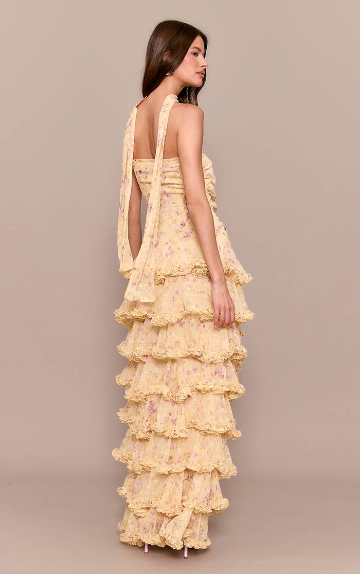 Jaune Robe Longue À Volants Étagés En Mousseline À Imprimé Fleuri Ditsy