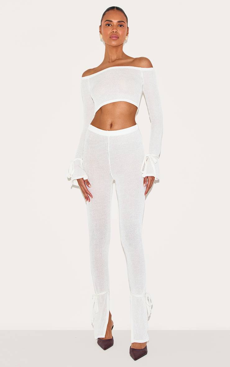 Crème Legging Côtelé Transparent Doux Avec Ourlets Fendus Et Liens Décoratifs