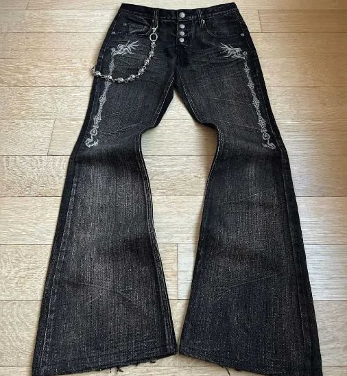 Jerolenea - Lage taille geborduurde gescheurde gewassen flared jeans