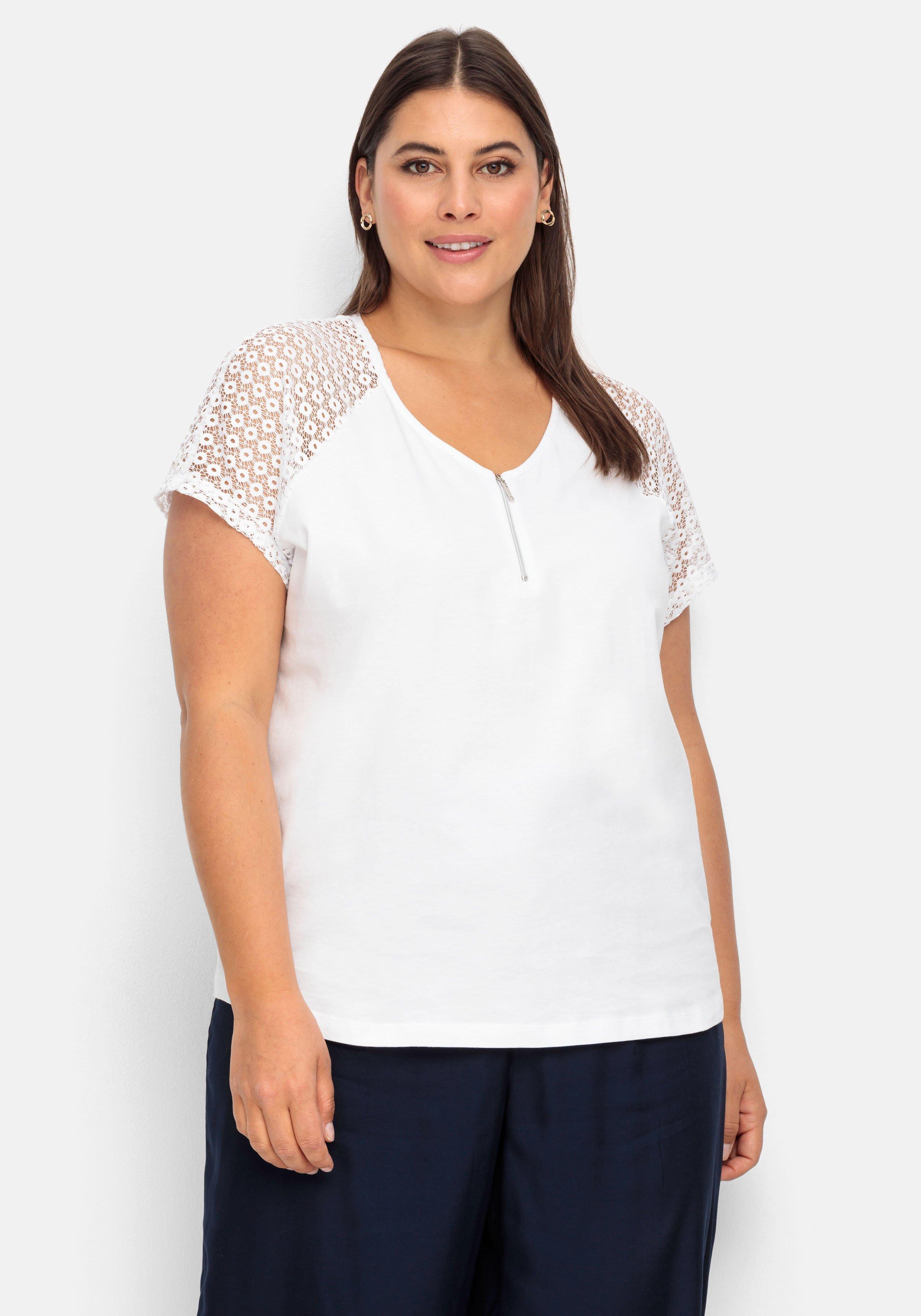 Shirt mit Zipper am Ausschnitt und Ärmeln aus Spitze