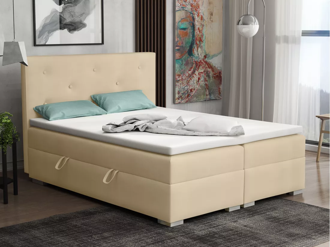 Lit Boxspring avec tiroirs de lit, Coffre de lit Topper Atlanta 160x200 cm, Soft 33 (Écru)