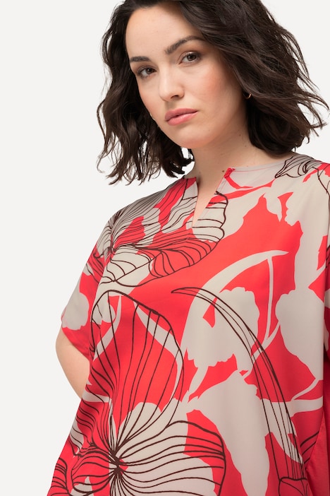 T-Shirt, Blüten, Oversized, Tunika-Ausschnitt, Halbarm