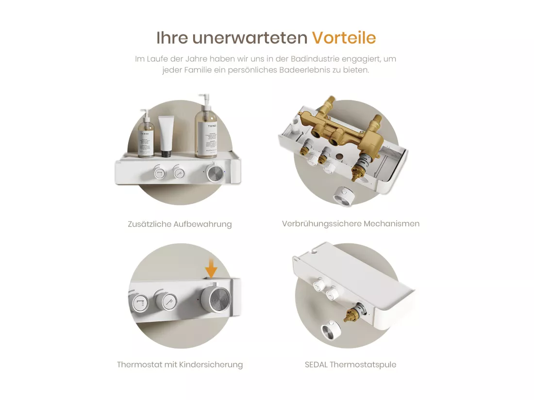 EMKE Colonne de Douche Thermostatique – Blanc Mat, Débit d'Eau Ajustable,Design Minimaliste Séparé, Douchette 3 Fonctions,Kit de Douche