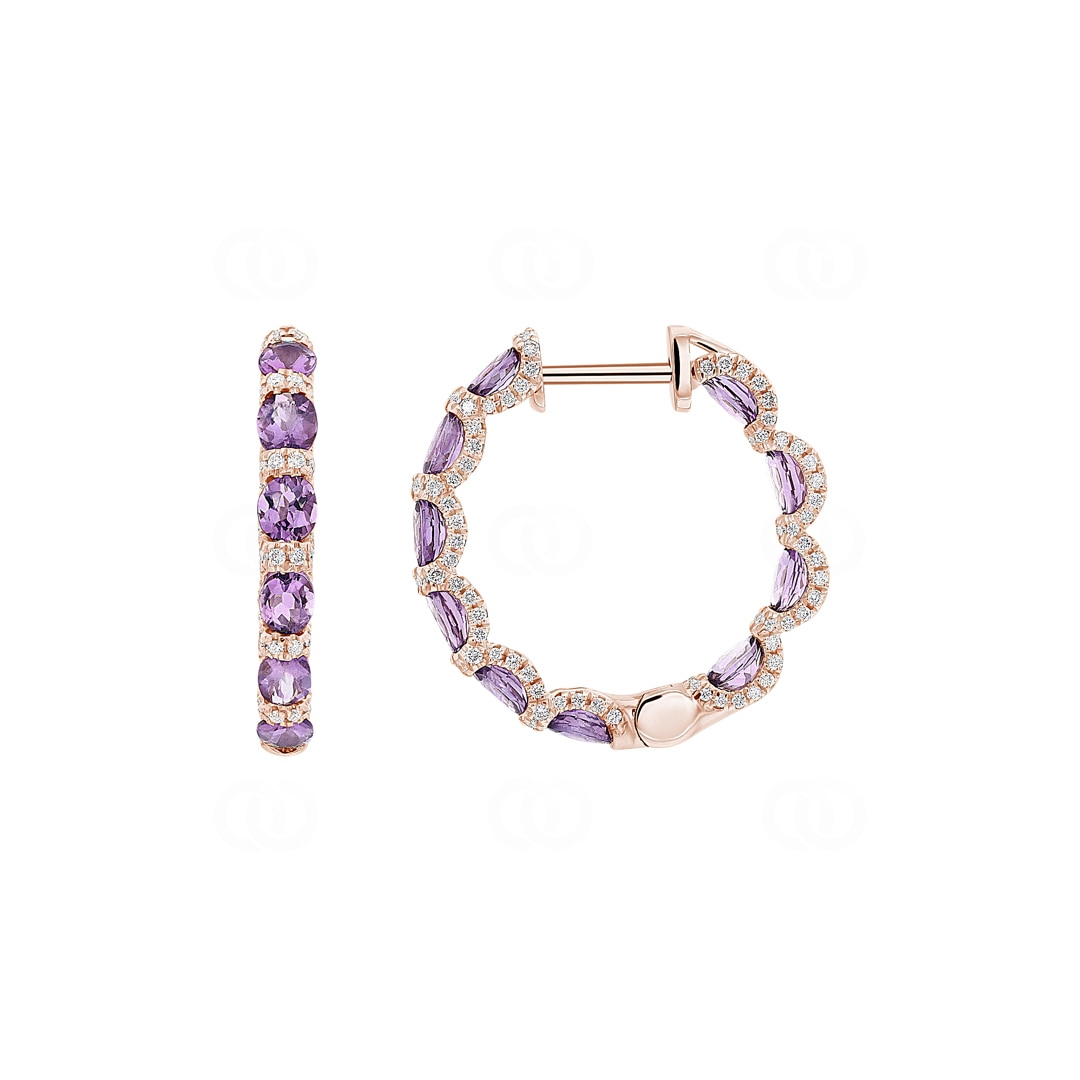 Kreolen 750/18 K Roségold mit Amethysten & Diamanten 0.67 ct H/si