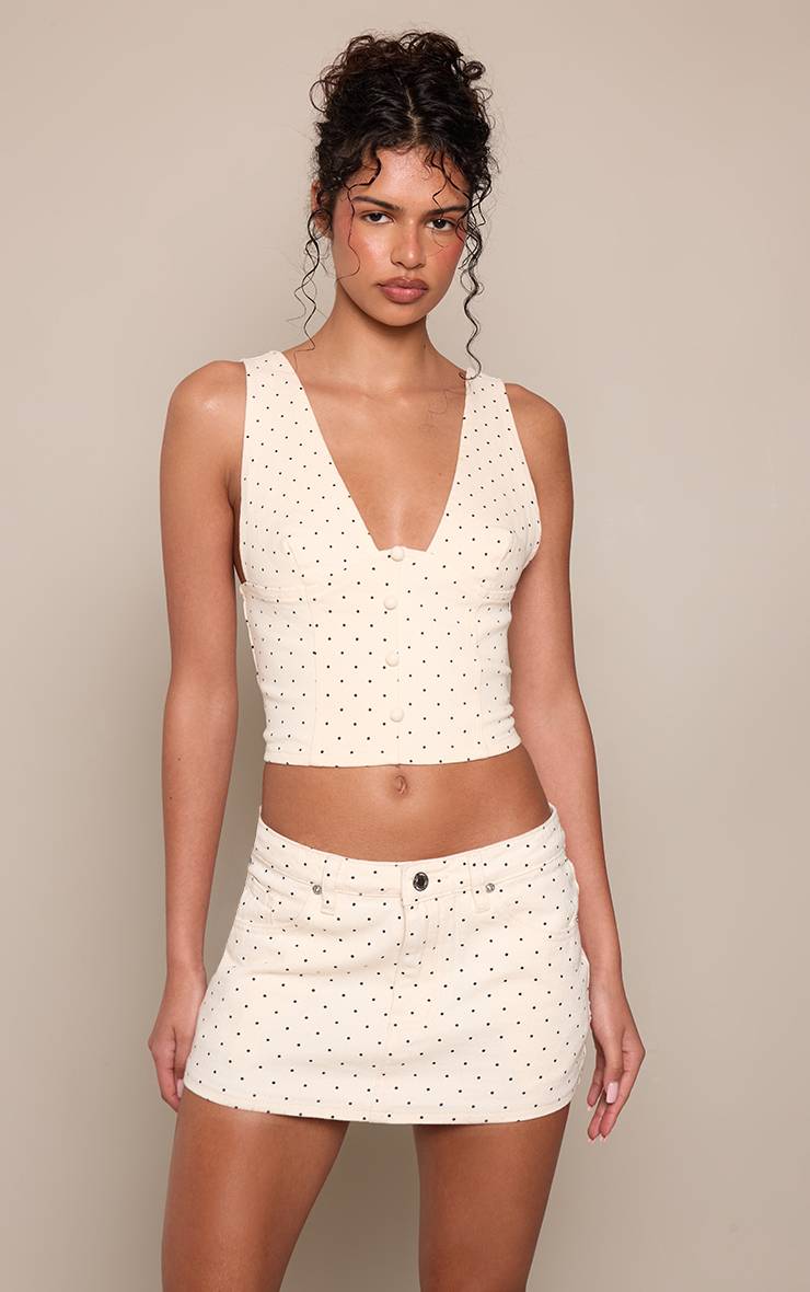 Crème Jupe Micro Mini En Denim Taille Basse À Pois