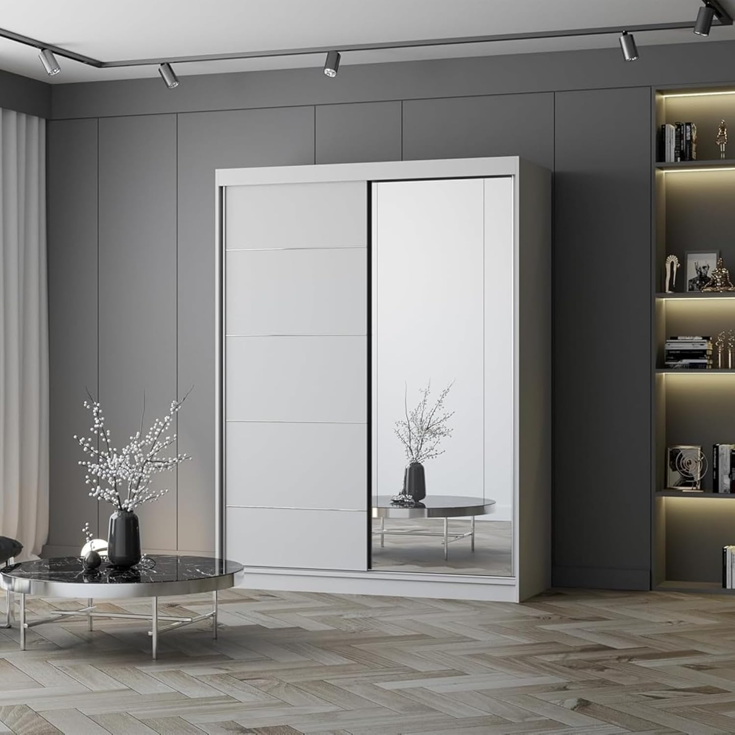 Fabryka Mebli Idźczak Kleiderschrank mit Spiegel, Schiebetüren - Weißer Schwebetürenschrank, Schlafzimmerschrank - ‎61 x 150 x 200 cm - Schrank für Schlafzimmer, Ankleidezimmer, Garderobe