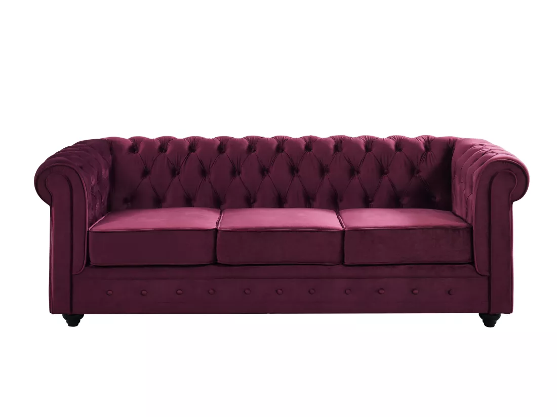 Canapés 3 places, 2 places et fauteuil en velours pourpre CHESTERFIELD