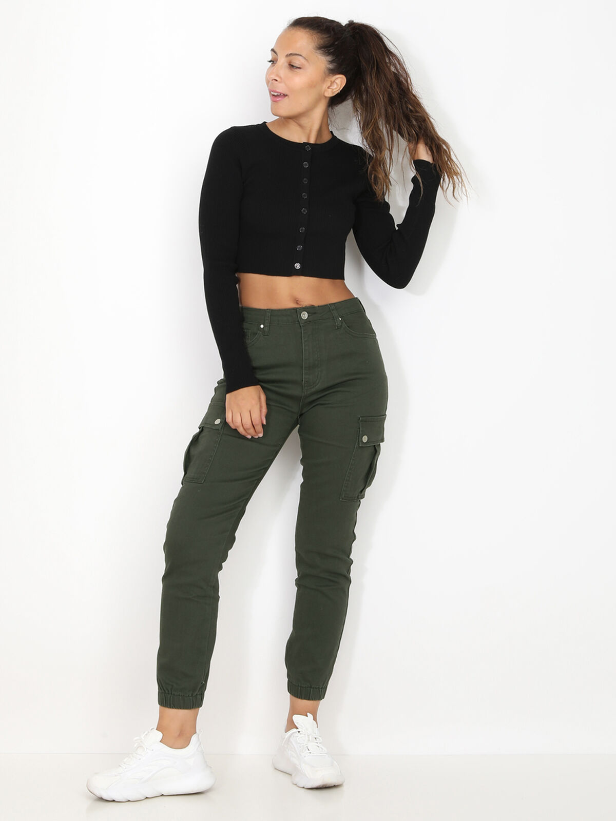 Crop top côtelé à boutons- Noir