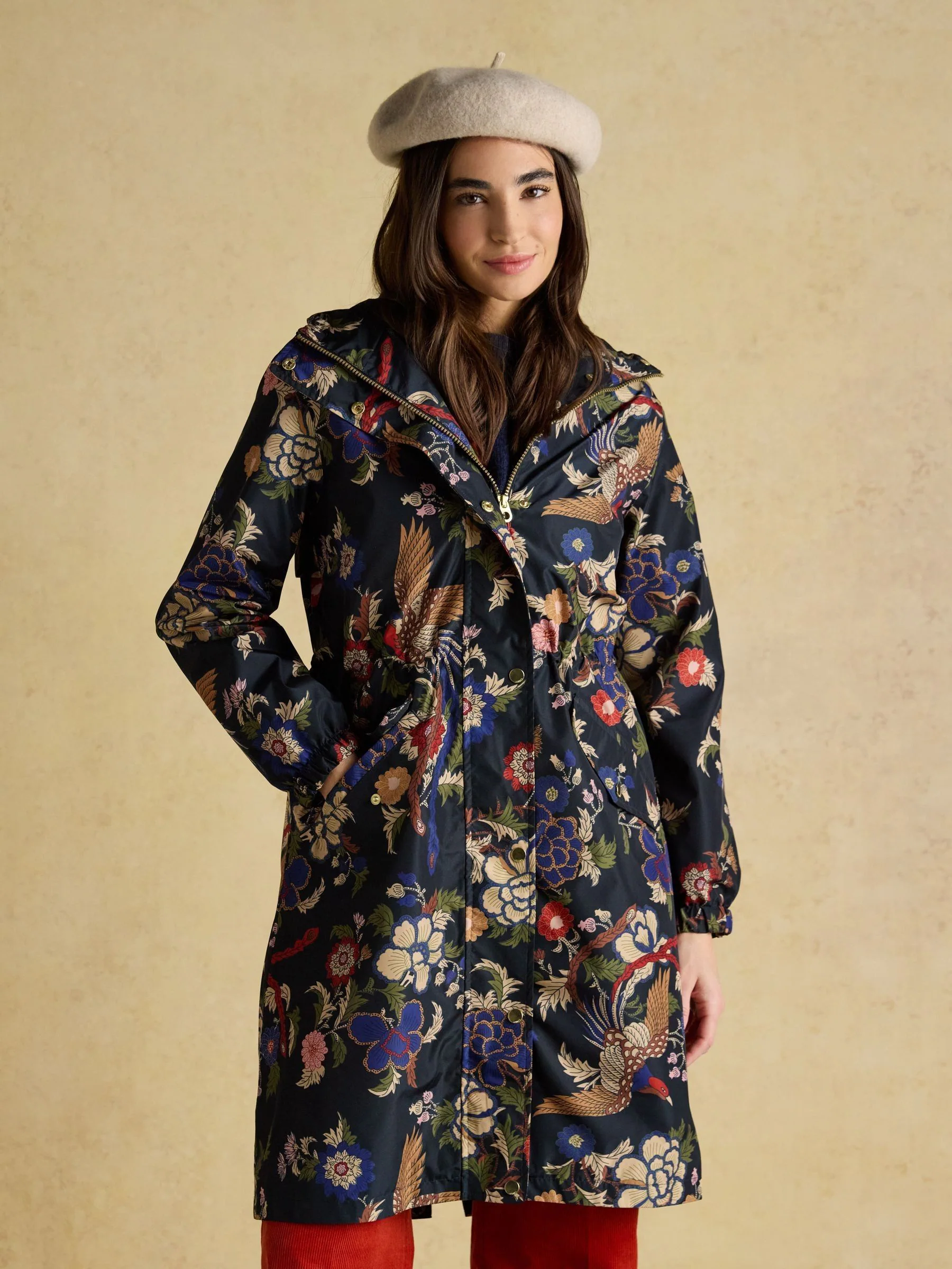 Marineblauw met vogel en bloemenprint - Joules Holkham waterdichte opvouwbare regenjas met capuchon