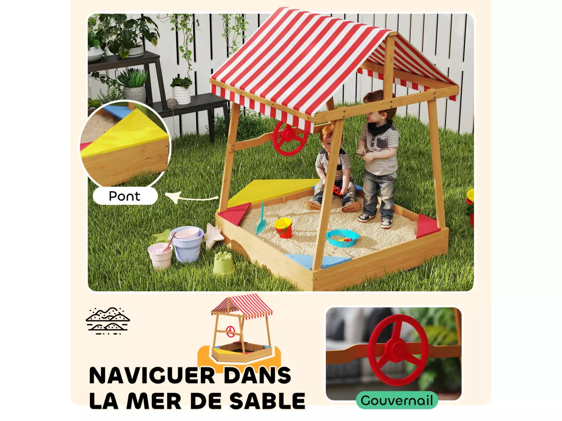 Bac à sable en bois design bateau enfant - sièges, store double pente, gouvernail - bois pré-huilé