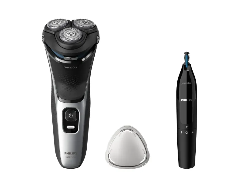 Philips Shaver 3000 Series S3143/02 Elektrisk shaver til våd og tør barbering, Rotations shaver, Sort, Sølv, PowerCut blade system, SH30, 2 År, Batteri