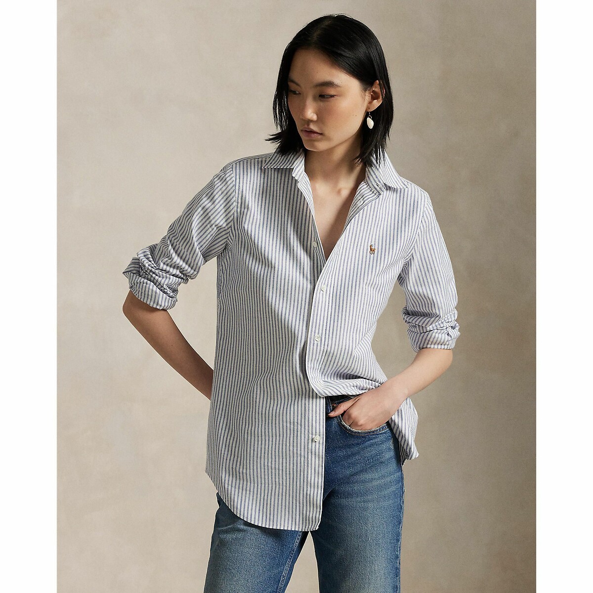 POLO RALPH LAUREN<br>Camisa Oxford listrada e reta