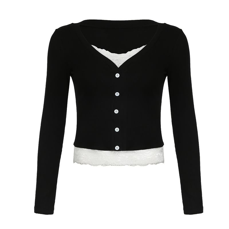 Sosana - Geribbelde crop top met lange mouwen en kantpaneel