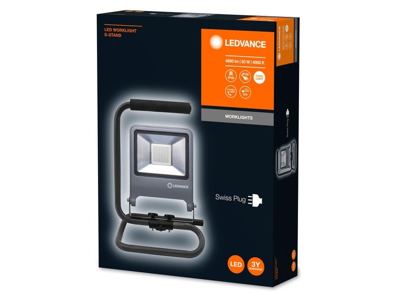 Ledvance Scheinwerfer Worklight S-Stand CH Plug, 50 W, 4000 Flexibles, tragbares Arbeitslicht mit Stecker-Typ J (SEV 1011)