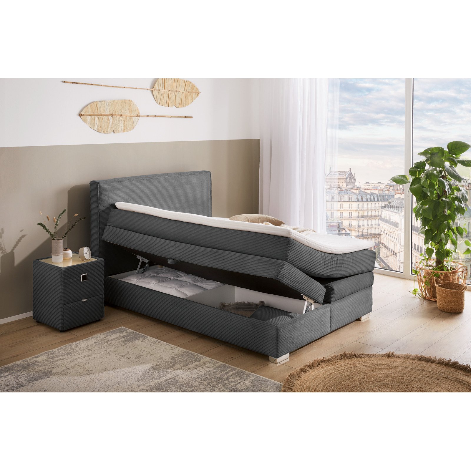 Boxspringbett Arabella Stoff Cord 140 x 200 cm, mit Bettkasten grau