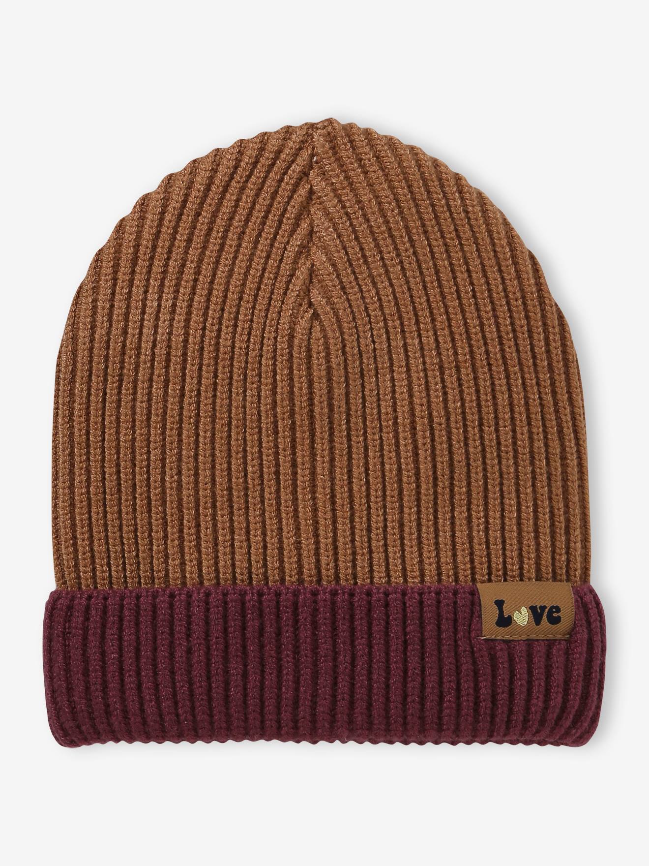 Gorro de malha canelada bicolor para meninas, rosa