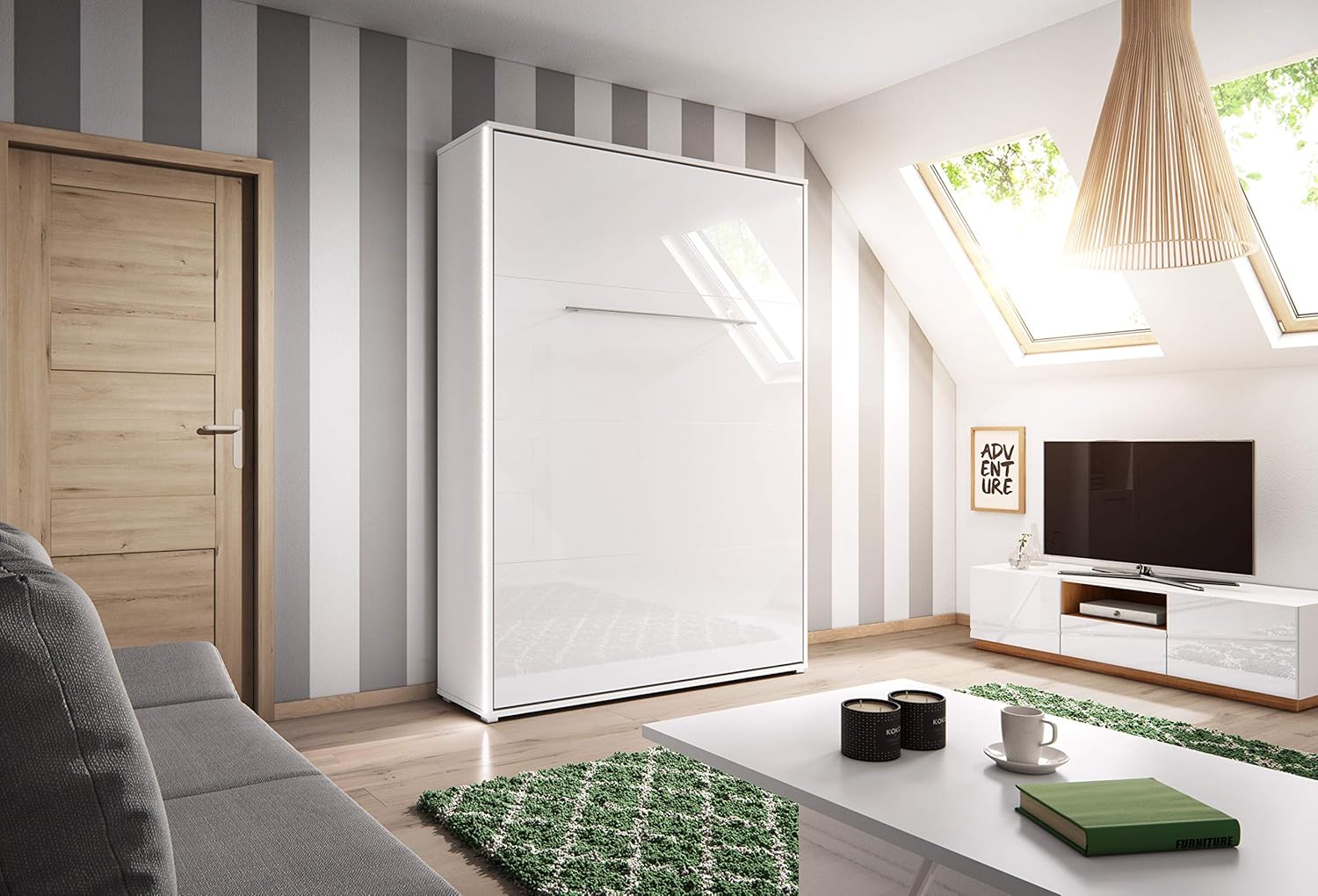 BIM Furniture Wandbett Vertical Schrankbett LENART Concept PRO Wandklappbett, Schrankklappbett Wandbett, Schrank mit integriertem Klappbett, Funktionsbett (Weiß Matt, 140 x 200 cm)