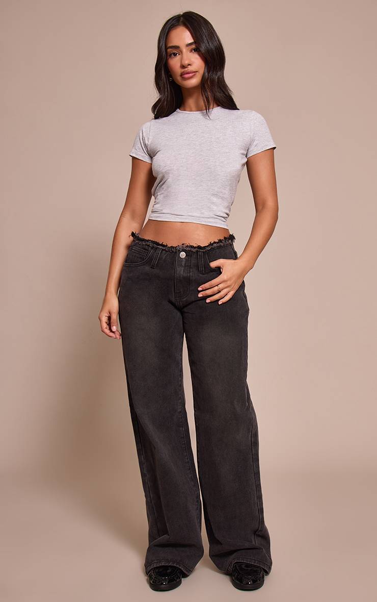 Noir Jean Petite Taille Basse Coupe Droite Taille Effilochée