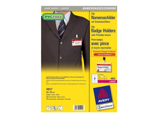 Avery Clip badge - Gjennomsiktig - 60 x 90 mm 32 etikett(er) (4 ark x 8) etiketter til navneplater