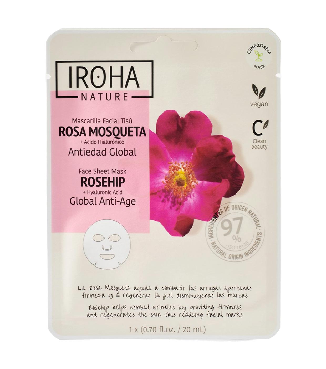 Iroha Nature - Máscara facial de tecido antienvelhecimento global - Rosa Mosqueta