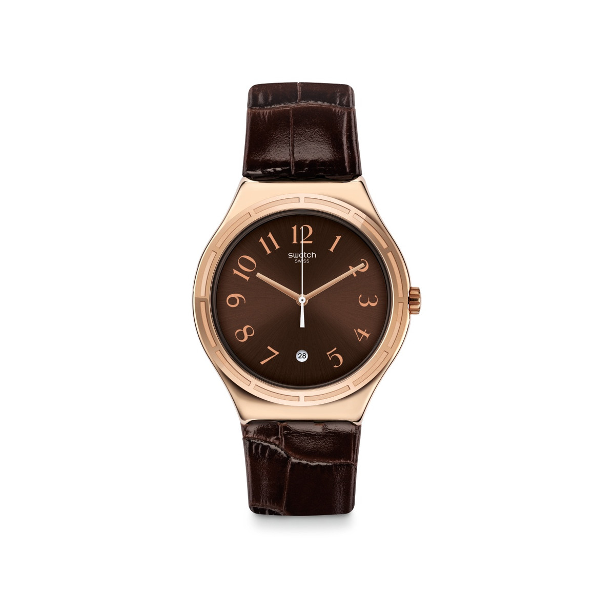 Montre Swatch homme acier doré rose cuir marron