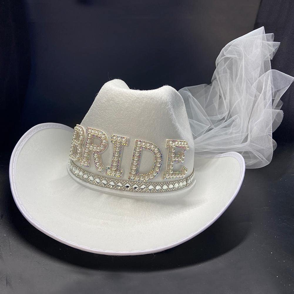 (39.5x30x15cm) Bride Cowgirl Hut Junggesellinnenabschied Party Accessoire mit Schleier - Weiss