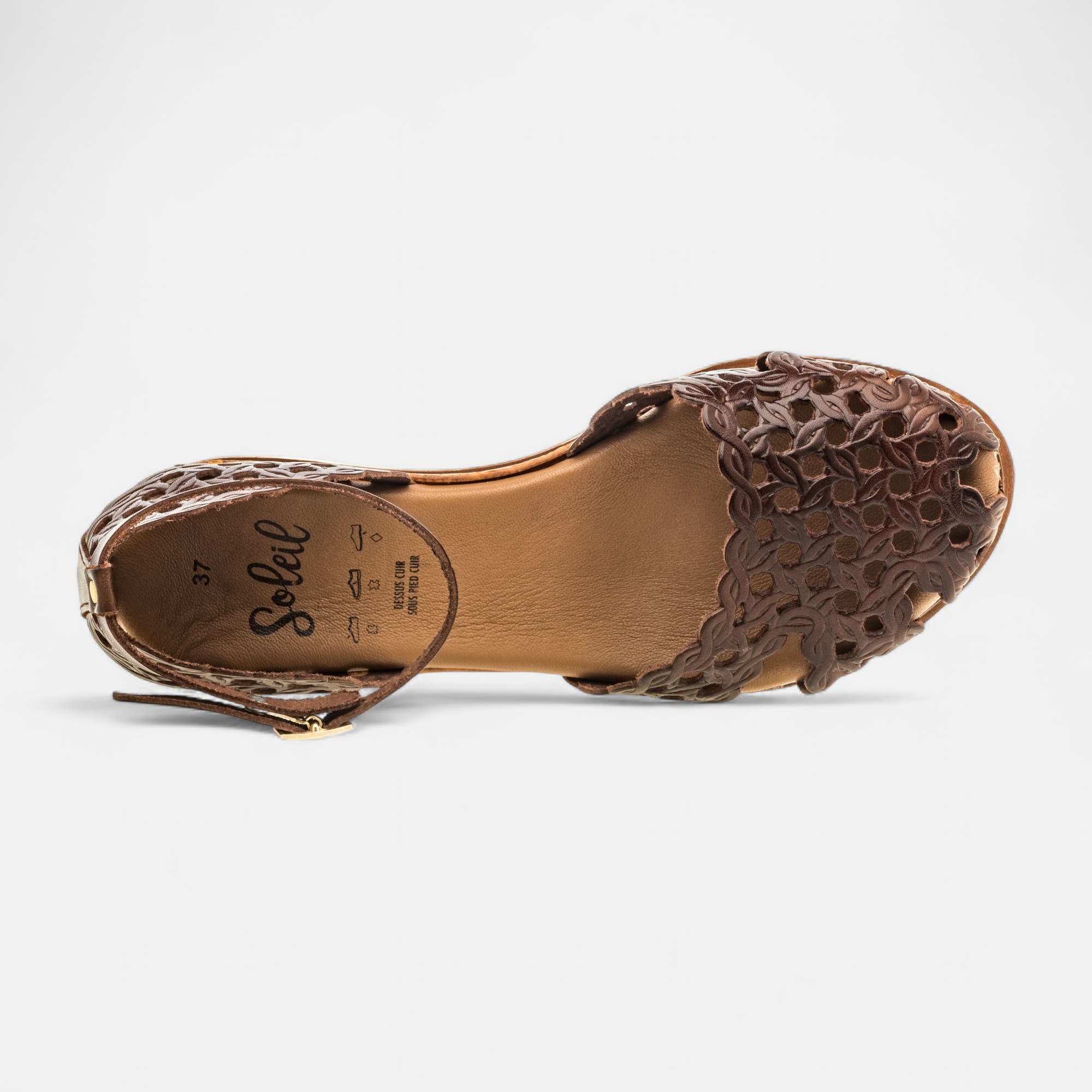 Escarpins quartiers ouverts à talon compensé Femme en cuir marron