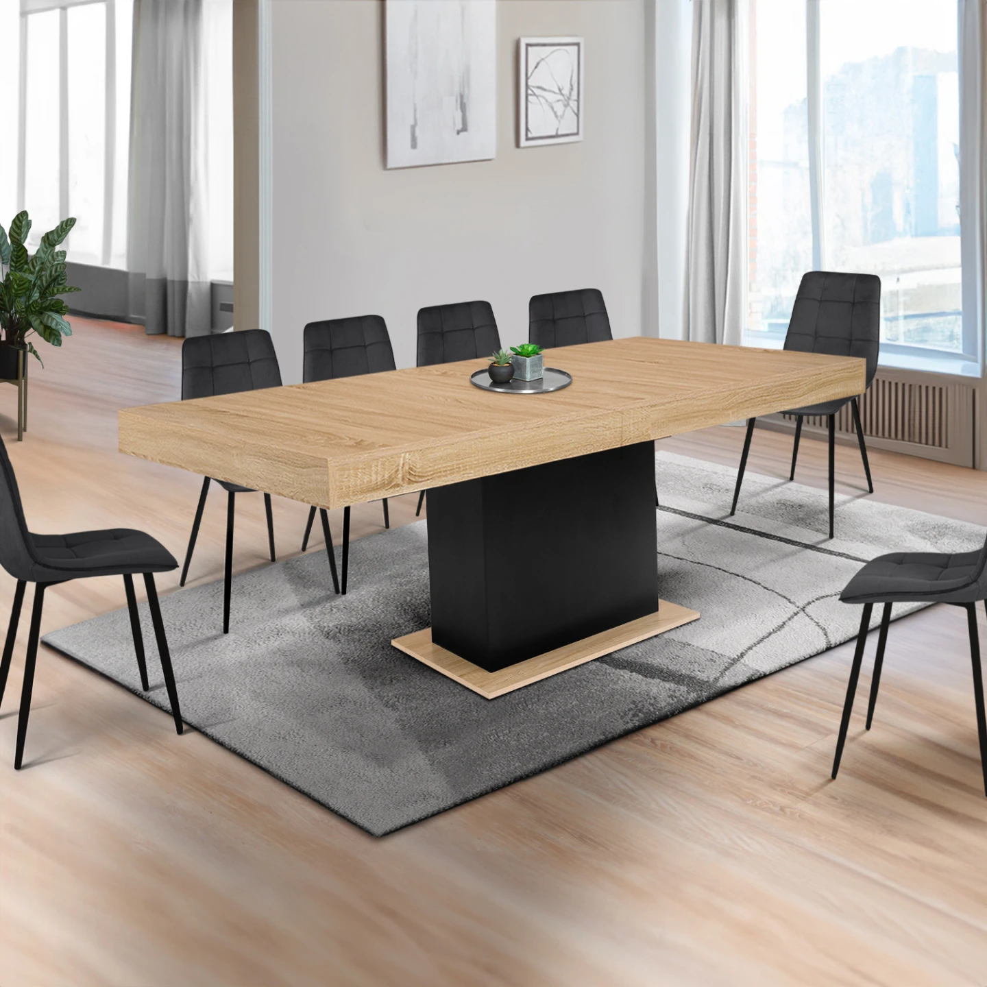 Table à manger extensible rectangle EDEN 8-12 personnes bois et noir 200-250 cm