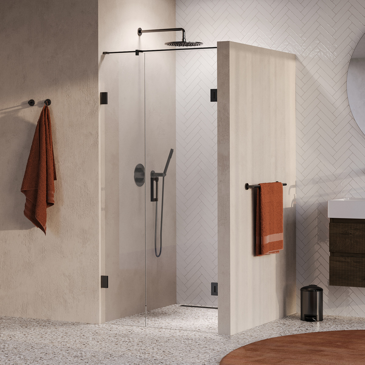 Brauer Void profielloze nisdeur 90cm met draaideur 60cm aan muur gunmetal geborsteld PVD