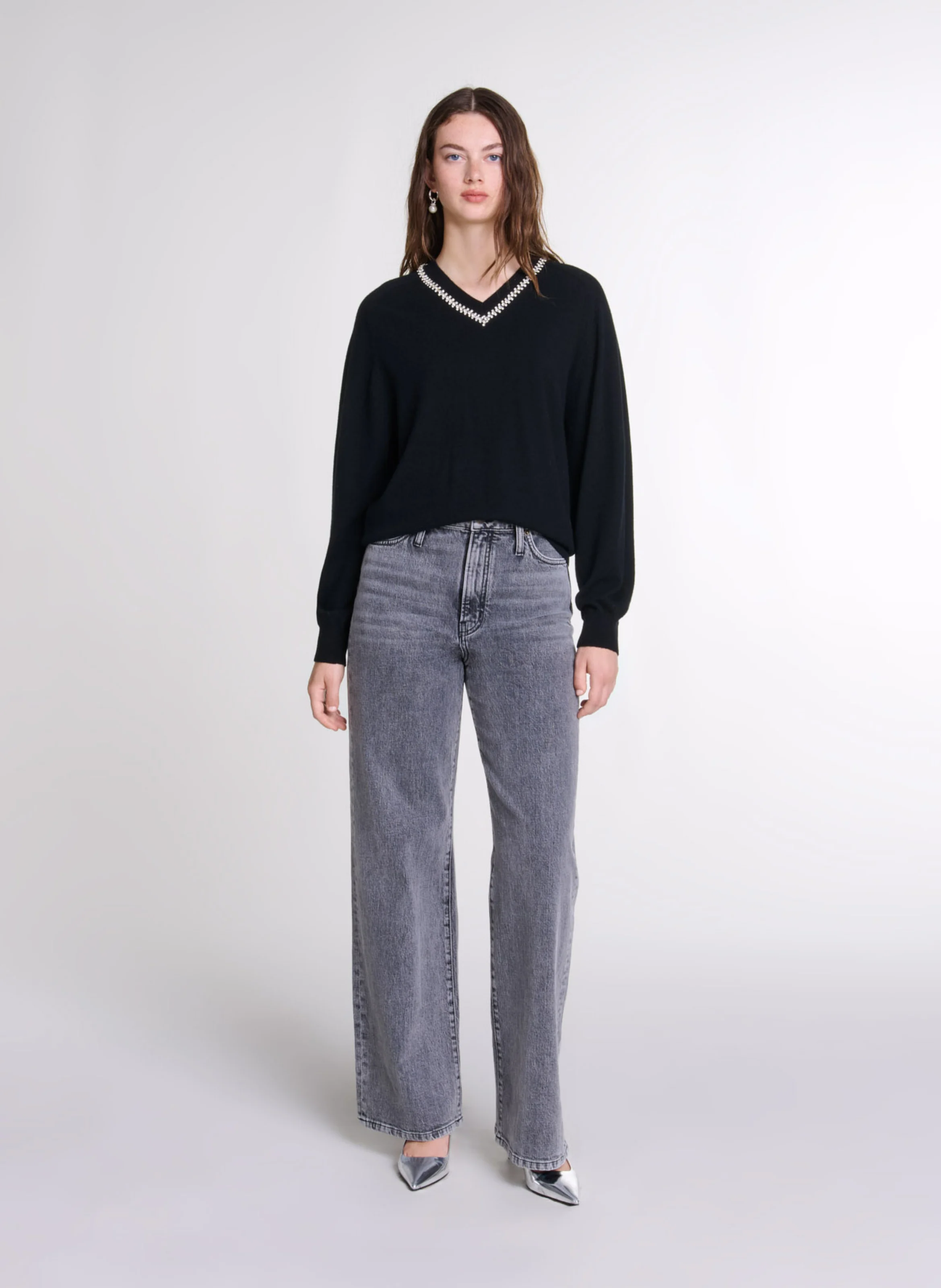 Pull col V en laine mélangée | Noir