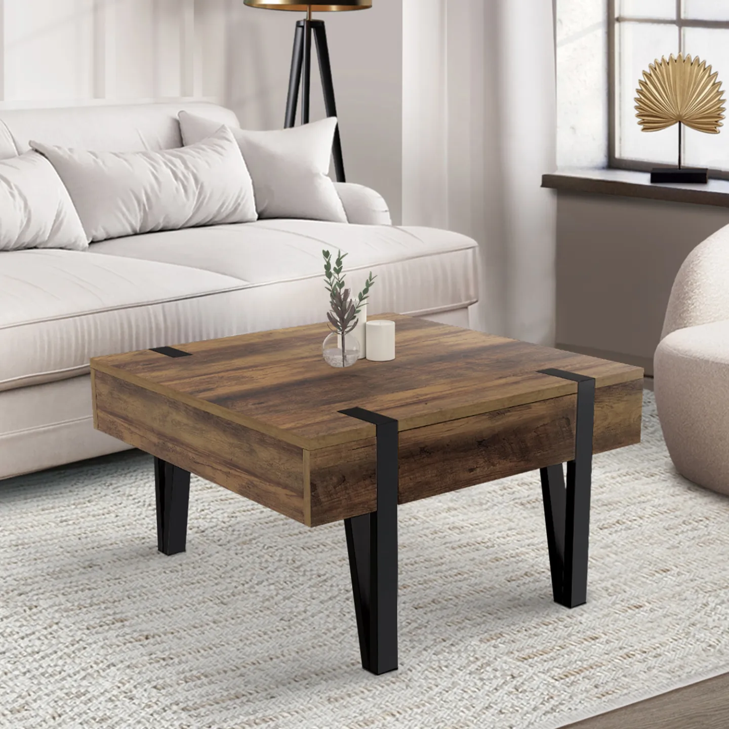 Table basse carrée AUSTRIA 1 tiroir bois pied épingle