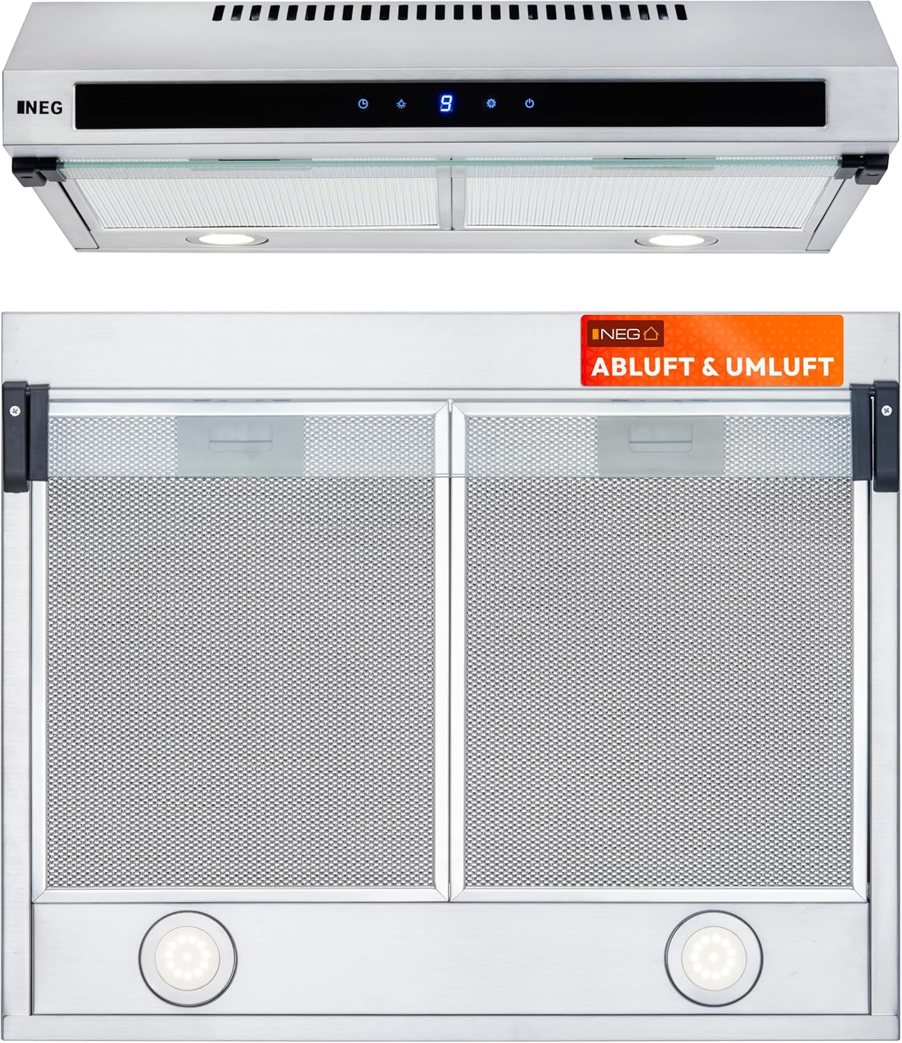 NEG Doppelmotor Design Unterbau-Dunstabzugshaube NEG15-TDLS+ (silber,Edelstahl), Glas-Front mit Sensor Touch, 322 m³/h Luftleistung, Nachlauffunktion, Abluft und Umluftbetrieb