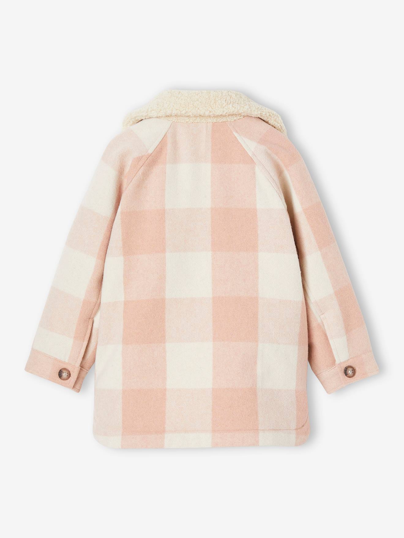 Casaco xadrez de lã para meninas, estilo sobrecamisa, xadrez marrom.
