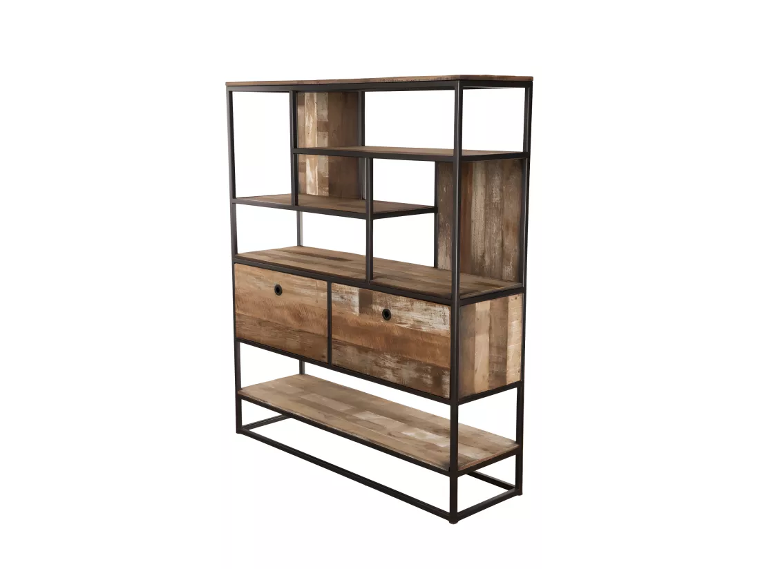 ALIDA - Étagère marron 2 tiroirs et 7 niches Teck recyclé Acacia Mahogany recyclé et métal noir