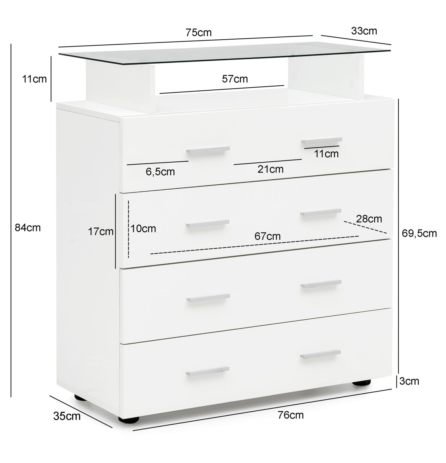 Kommode - weiß-Hochglanz - 4 Schubkästen - 84x76 cm