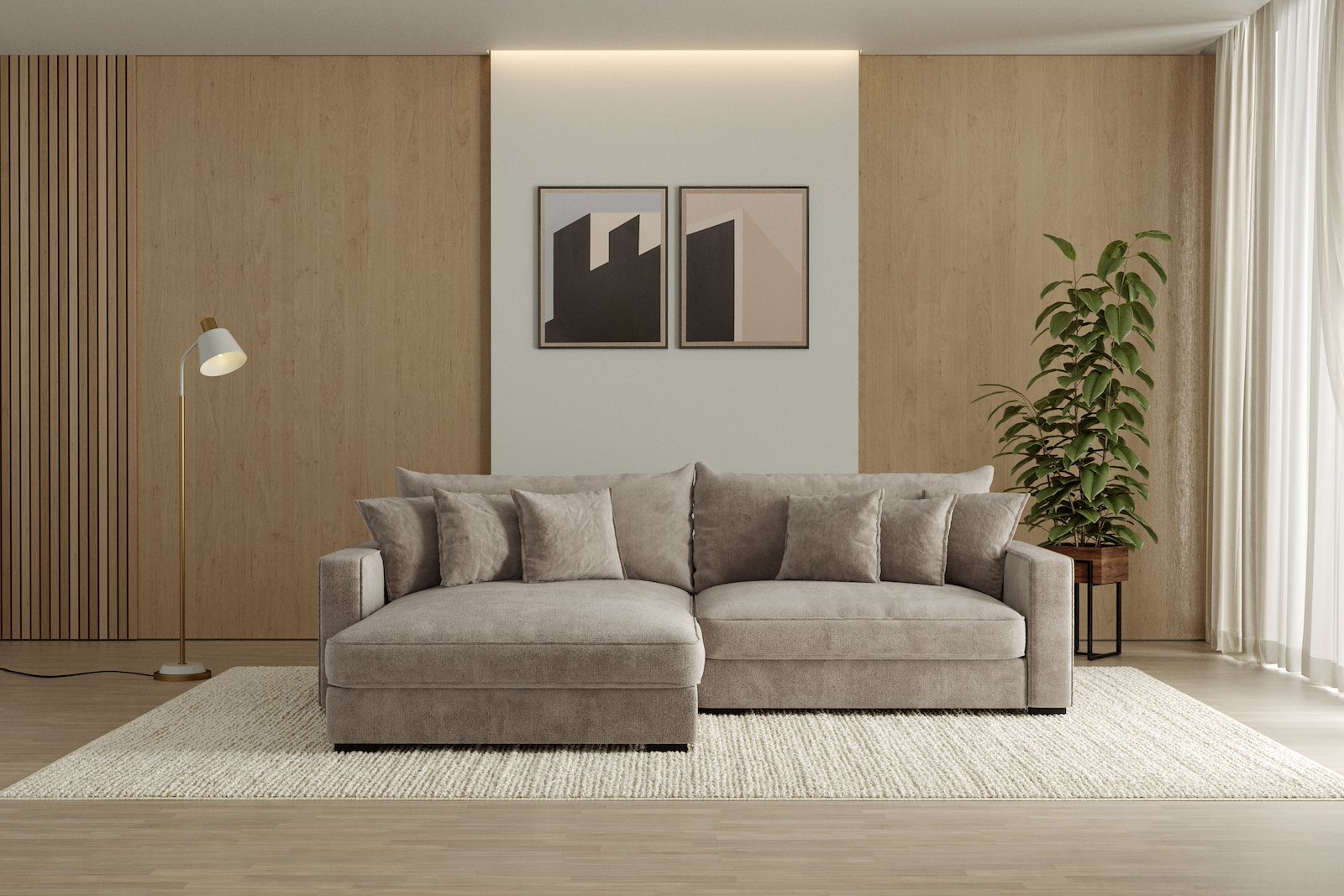 Rossi Lux 2-seter med XL sjeselong venstre Tekstil Genesis 4 Beige, arm B med sorte ben. Lux Komfort.