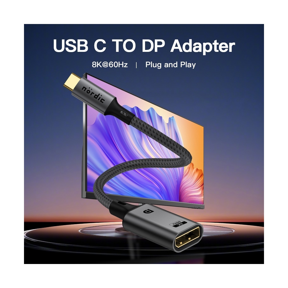 NÖRDIC 50 cm USBC til DP 1.4-kabel 8K30Hz 4K120Hz 32.4Gbps