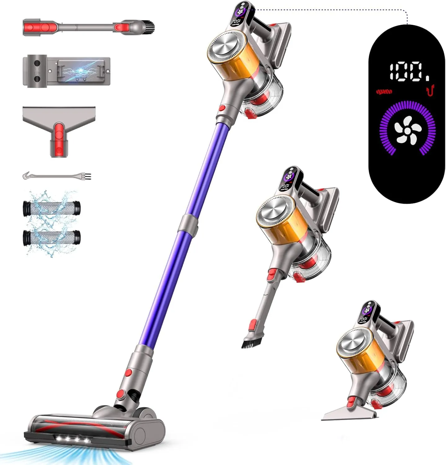 Akku Staubsauger, 45000Pa/550W Staubsauger Kabellos, 60 Min Laufzeit mit Wandmontiertes Laden, Duftkarte, 1.8L Cup, LED Display, Anti-Tangle-Bürste