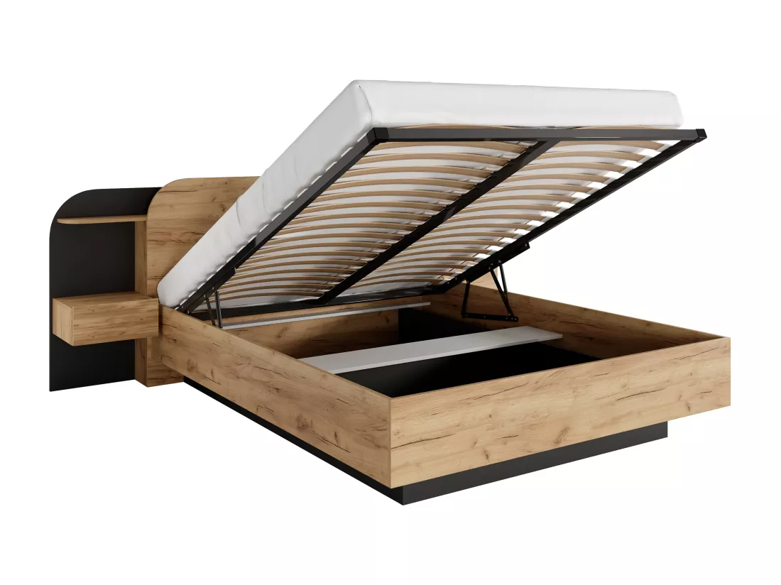Lit coffre avec chevets 160 x 200 cm - Avec LEDs - Coloris : Naturel et noir - JUVISIA