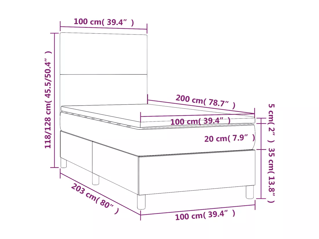 Sommier tapissier et matelas et LED Blanc 100x200 cm Similicuir