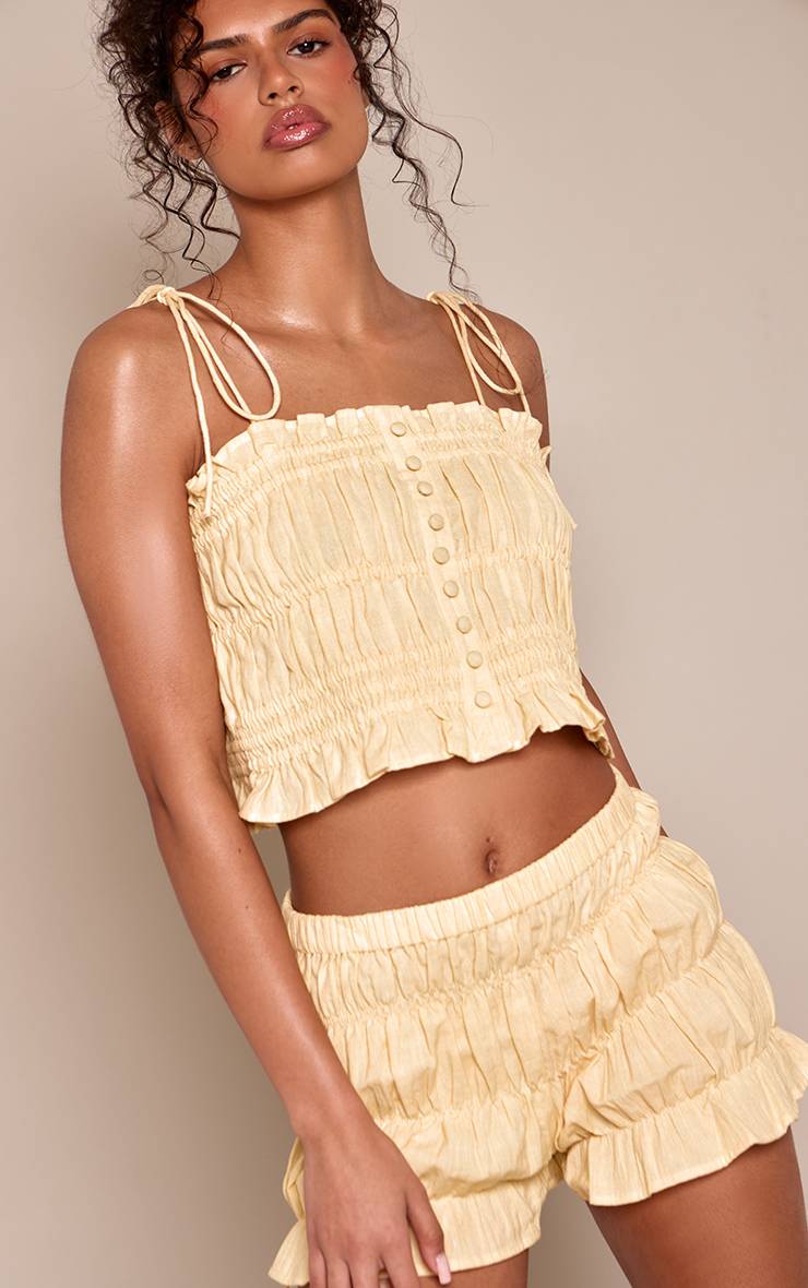 Jaune Short Froncé En Coton Ensemble Coordonné