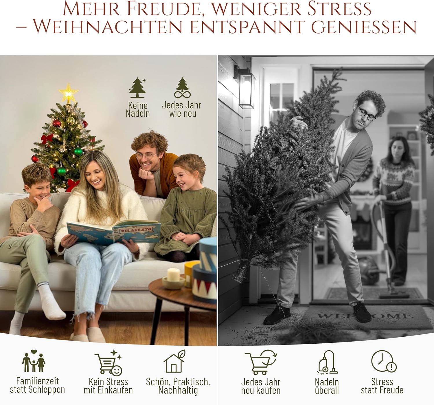 Premium Künstlicher Weihnachtsbaum mit Beleuchtung 180 cm – naturgetreuer Tannenbaum künstlich mit 440 warmweiß-goldenen LED, 8 Lichtmodi & Timer – Weihnachtsbaum LED mit Holzständer