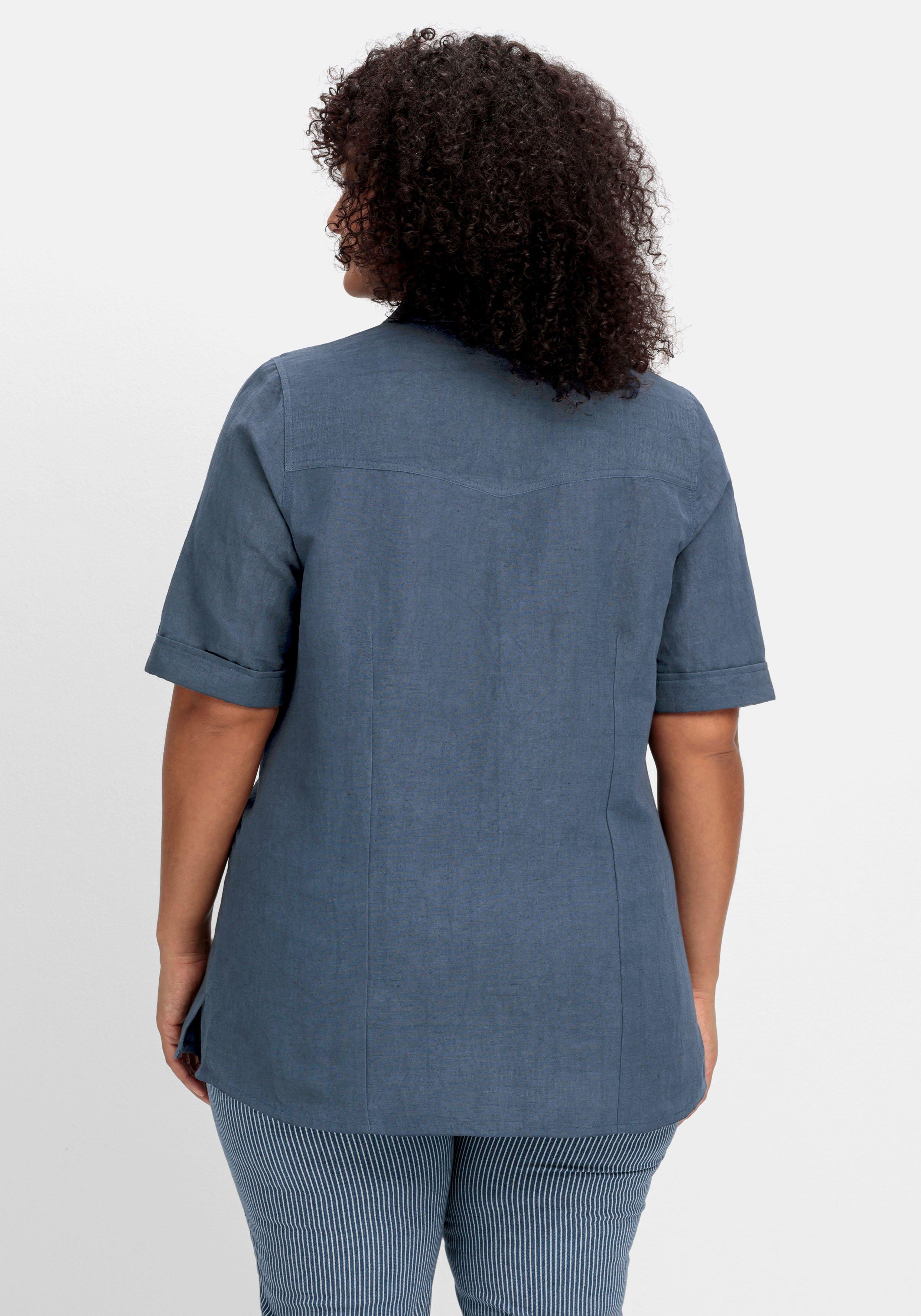 Hemdbluse im Leinen-Mix, mit Druckknopfleiste