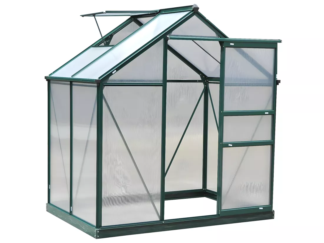 Serre de jardin aluminium polycarbonate 2,51 m² dim. 1,9L x 1,32l x 2,01H m lucarne, porte coulissante + fondation incluse alu. vert polycarbonate transparent