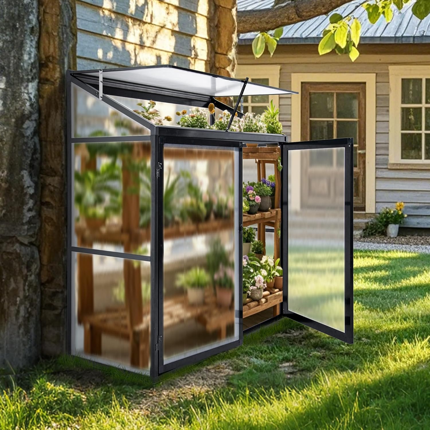Anlehngewächshaus Tomaten Gewächshaus 130x55x140cm Aluminium Beistell-Gewächshaus, Treibhaus Gartenhaus Frühbeet mit Rückwand, Gewächshaus Winterfest Klein, Minigewächshaus, Schwarz