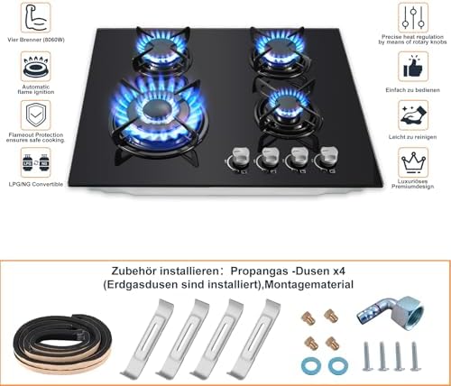 TopStrong Plaque de Cuisson Gaz 4 Feux, 60cm Plaque Gaz 4 Feux avec Sécurité Thermocouple, Cuisinière Encastrable, Naturel/Propane, 8060W, 220 240 V, Verre Noir : Gros électroménager