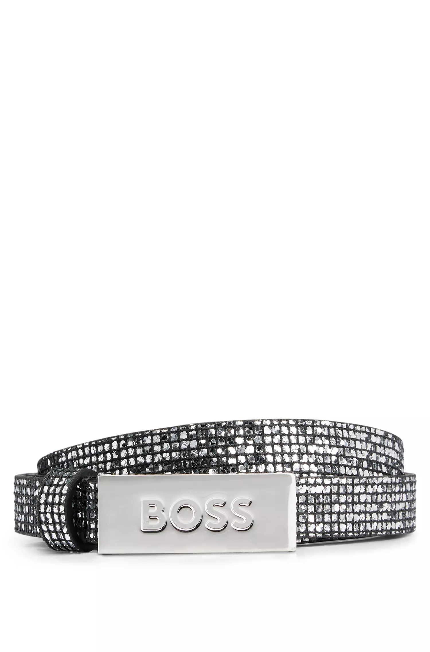 Cinto BOSS em couro com detalhes em glitter preto e fivela com placa com o logotipo.