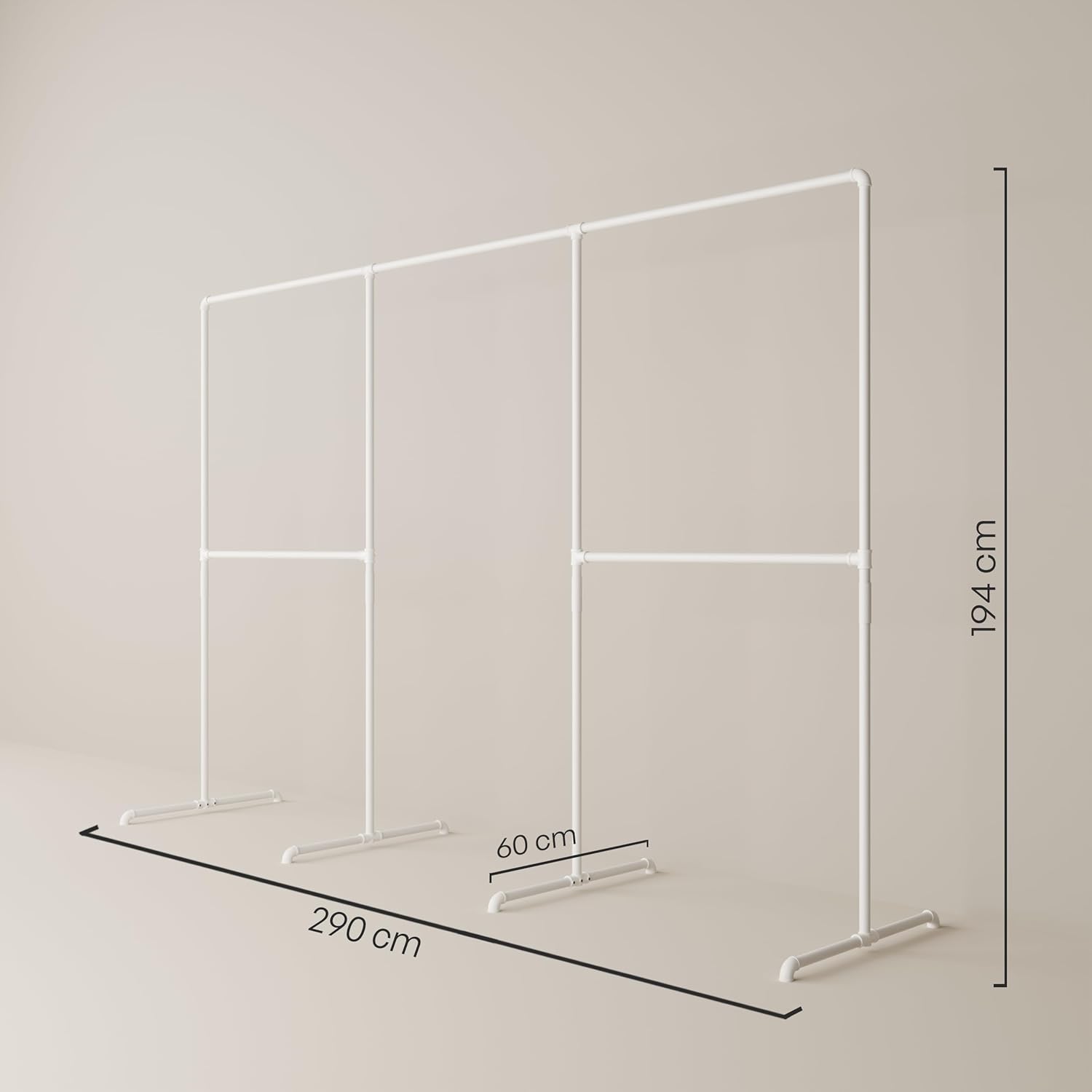 pamo Kleiderständer Weiß – Industrial Design Kleiderstange freistehend 290 x 194 cm – Offener Kleiderschrank & Garderobenständer Metall für Schlafzimmer, Flur & Ankleidezimmer